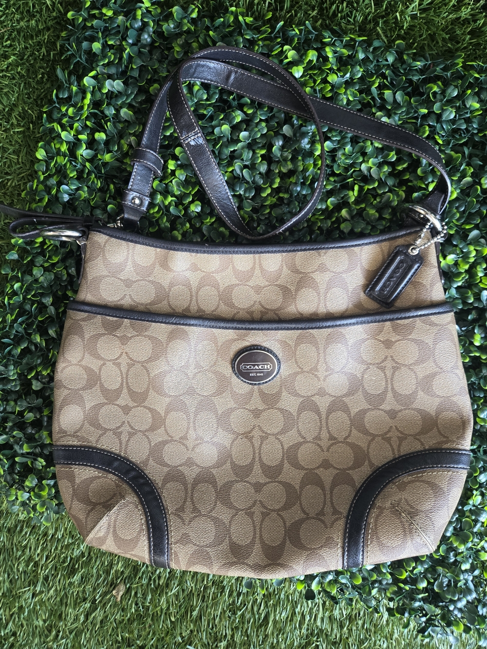 Coach Brown Signature Canvas Shoulder Bag with Dark Brown Trim